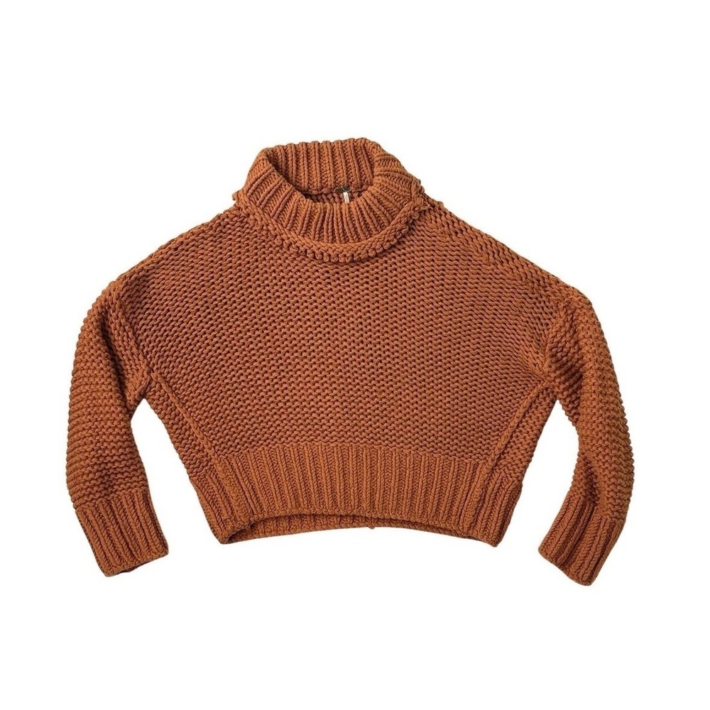 Free People Chunky Knit Mock Neck Sweater Rust Orange Slouchy Boxy Boho M